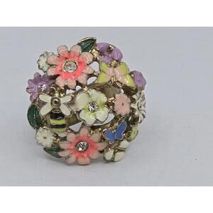 Park Lane Fairytale Ring Size 8 Pink Rhinestone Ladybug Flowers Enamel